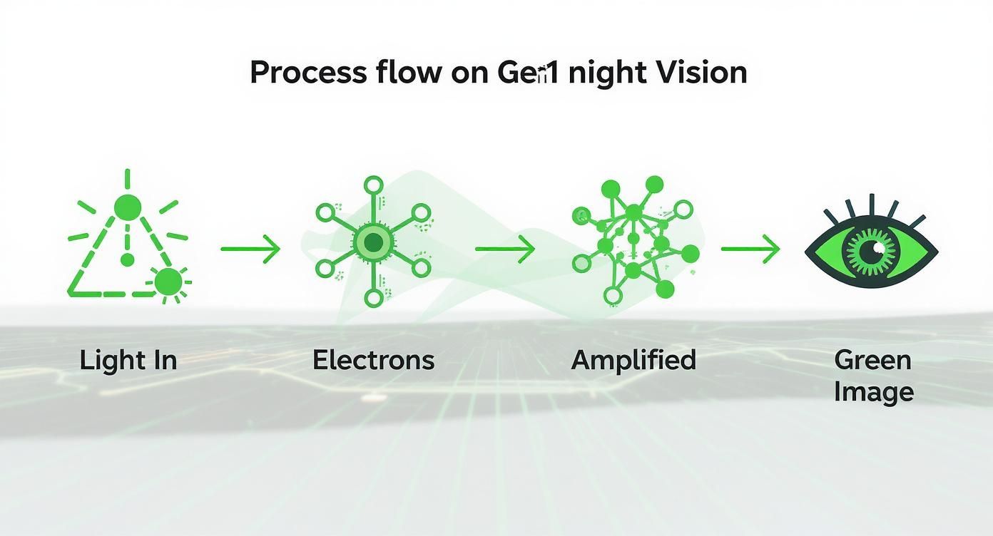 A diagram illustrating the four-step process flow of Generation 1 night vision technology.