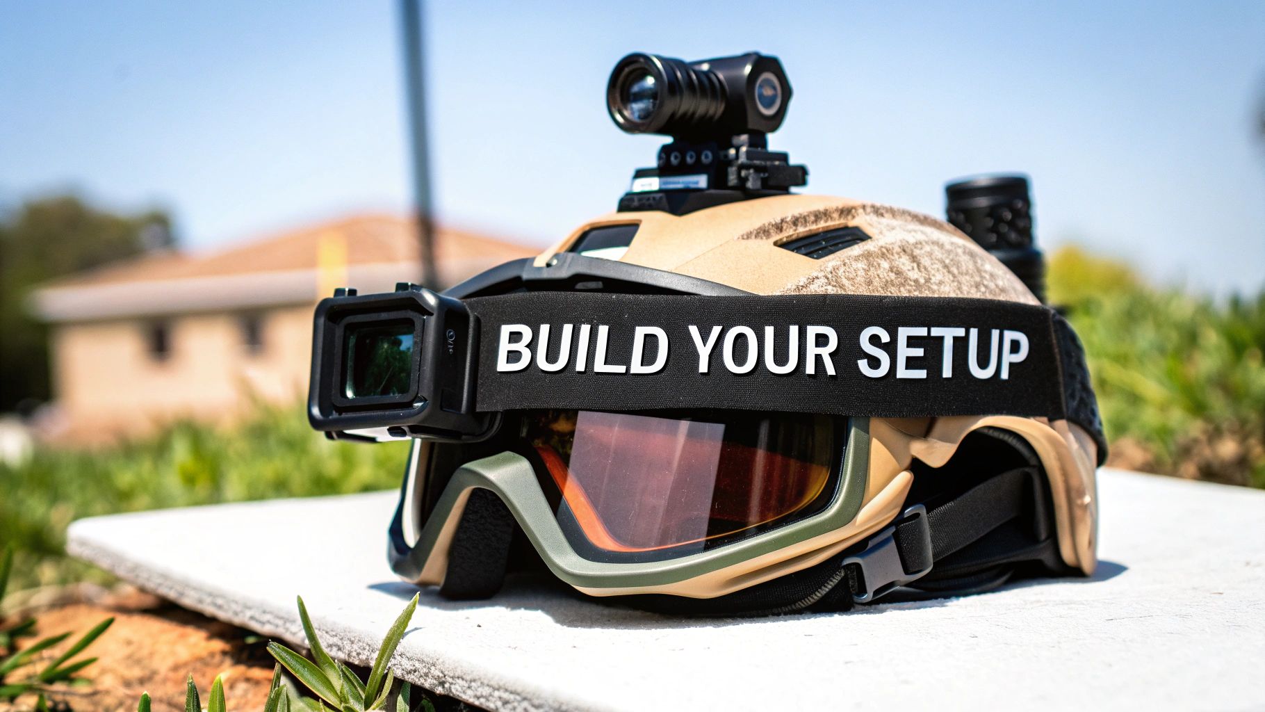 Tactical helmet with mounted action camera, flashlight, and goggles displaying 'BUILD YOUR SETUP'.