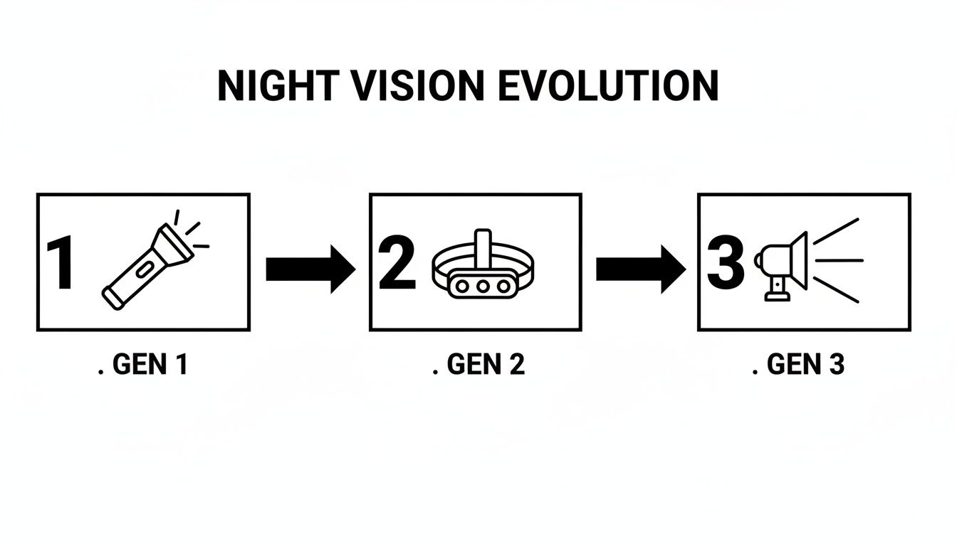 Evolution of night vision technology, showing Gen 1 flashlight, Gen 2 headlamp, and Gen 3 advanced device.