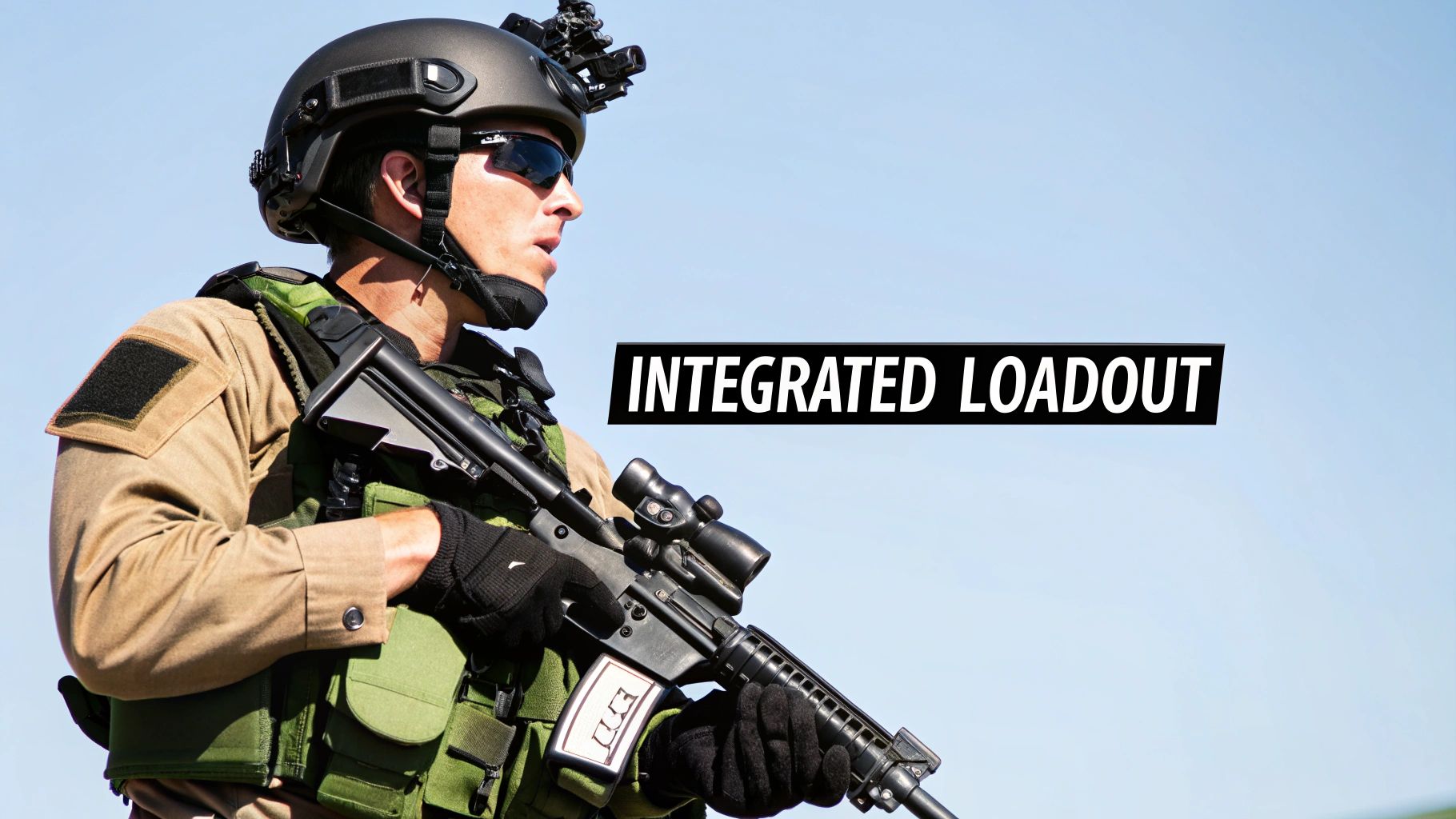 A man in tactical gear with a helmet, sunglasses, and rifle, showcasing an integrated loadout.