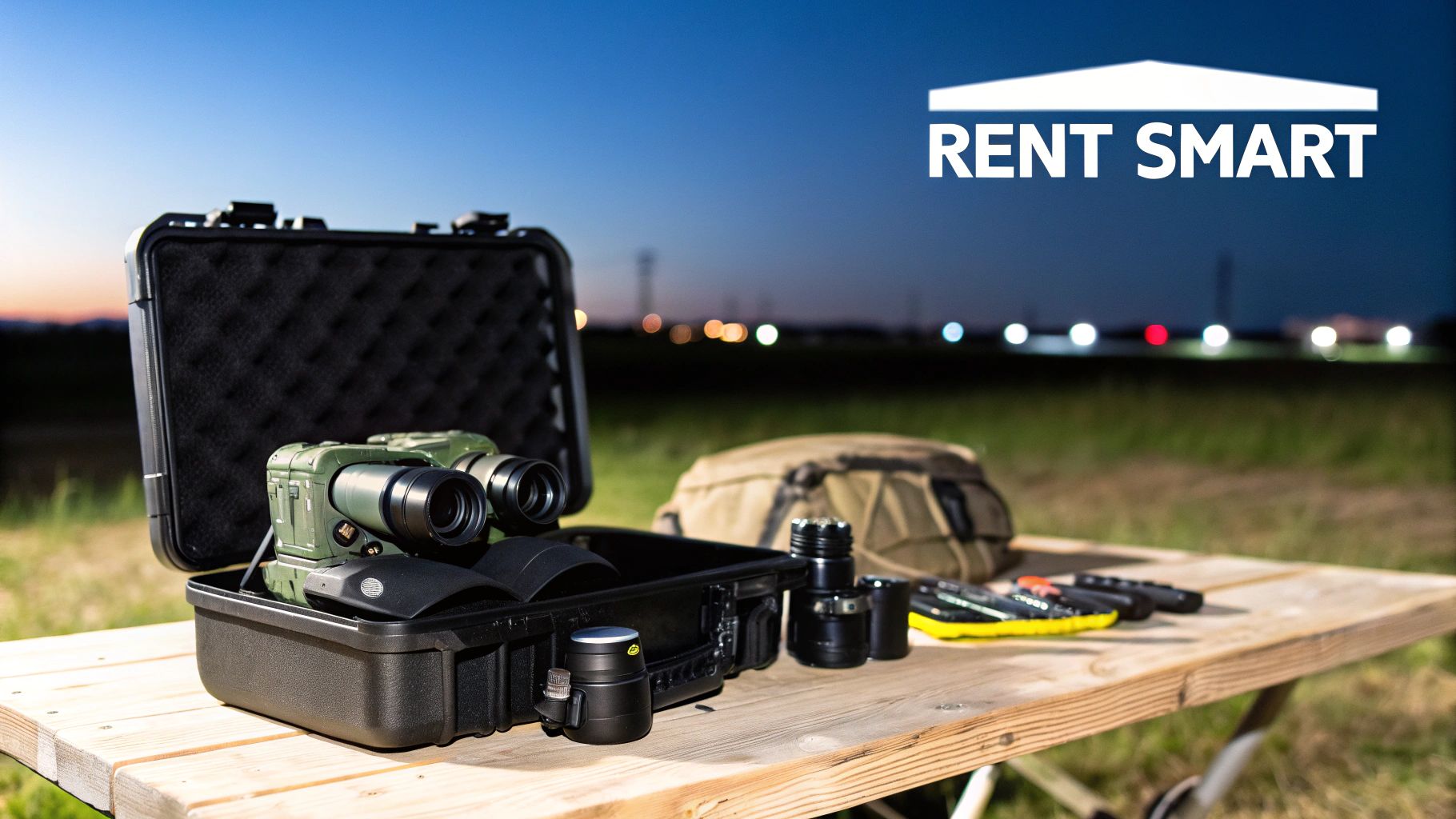 Green night vision binoculars and accessories inside an open black case on a wooden table at dusk.