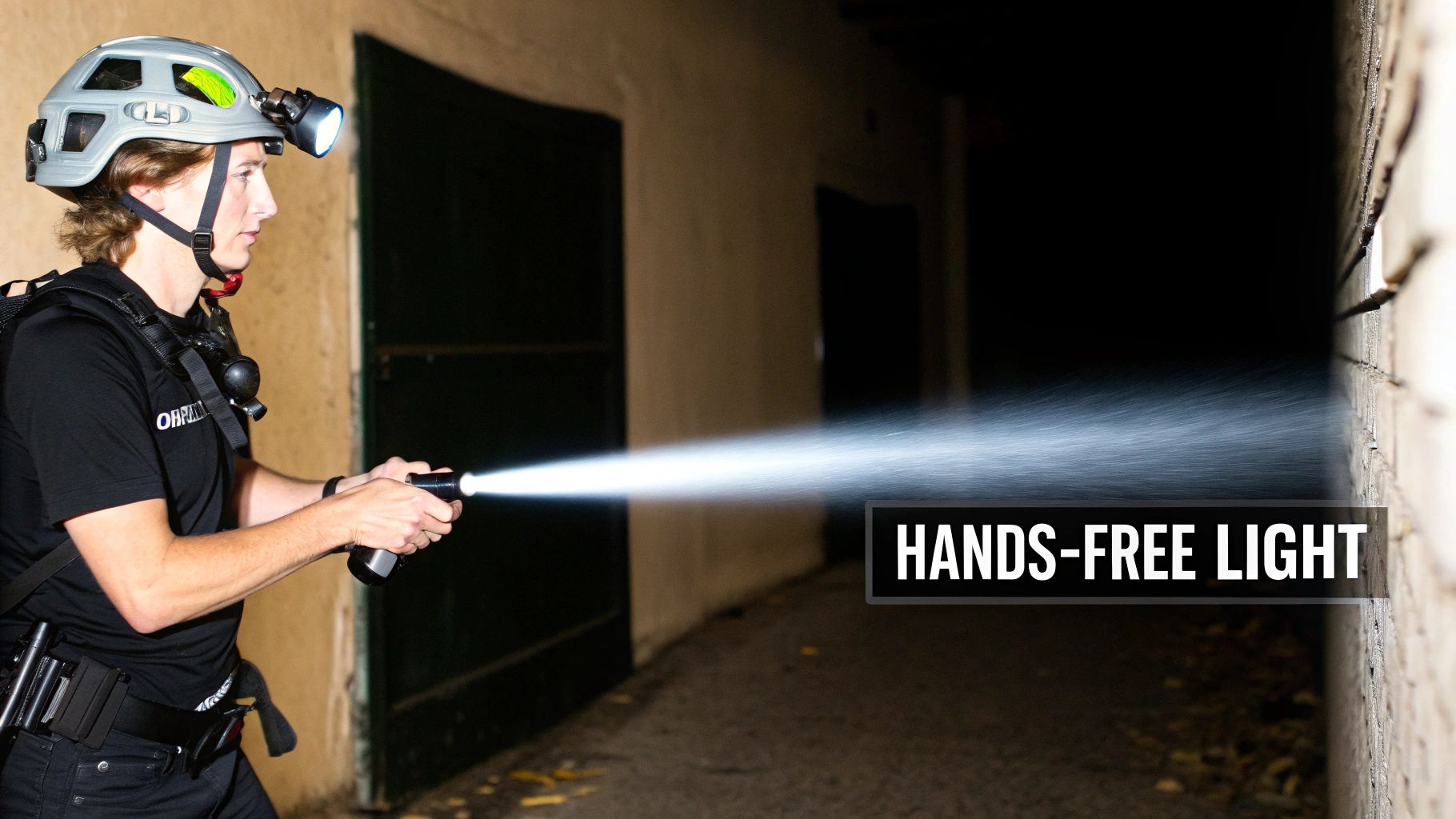 Person in a grey helmet with a headlamp, holding a flashlight illuminating a dark outdoor passage.