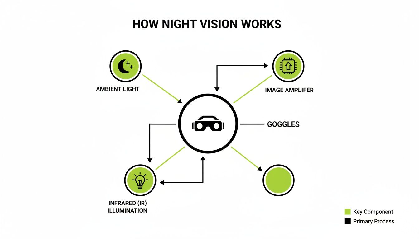 A diagram illustrates how night vision goggles operate using ambient light, infrared illumination, and an image amplifier.