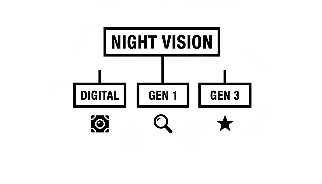 A black and white flowchart illustrating different night vision technologies: Digital, Gen 1, and Gen 3.