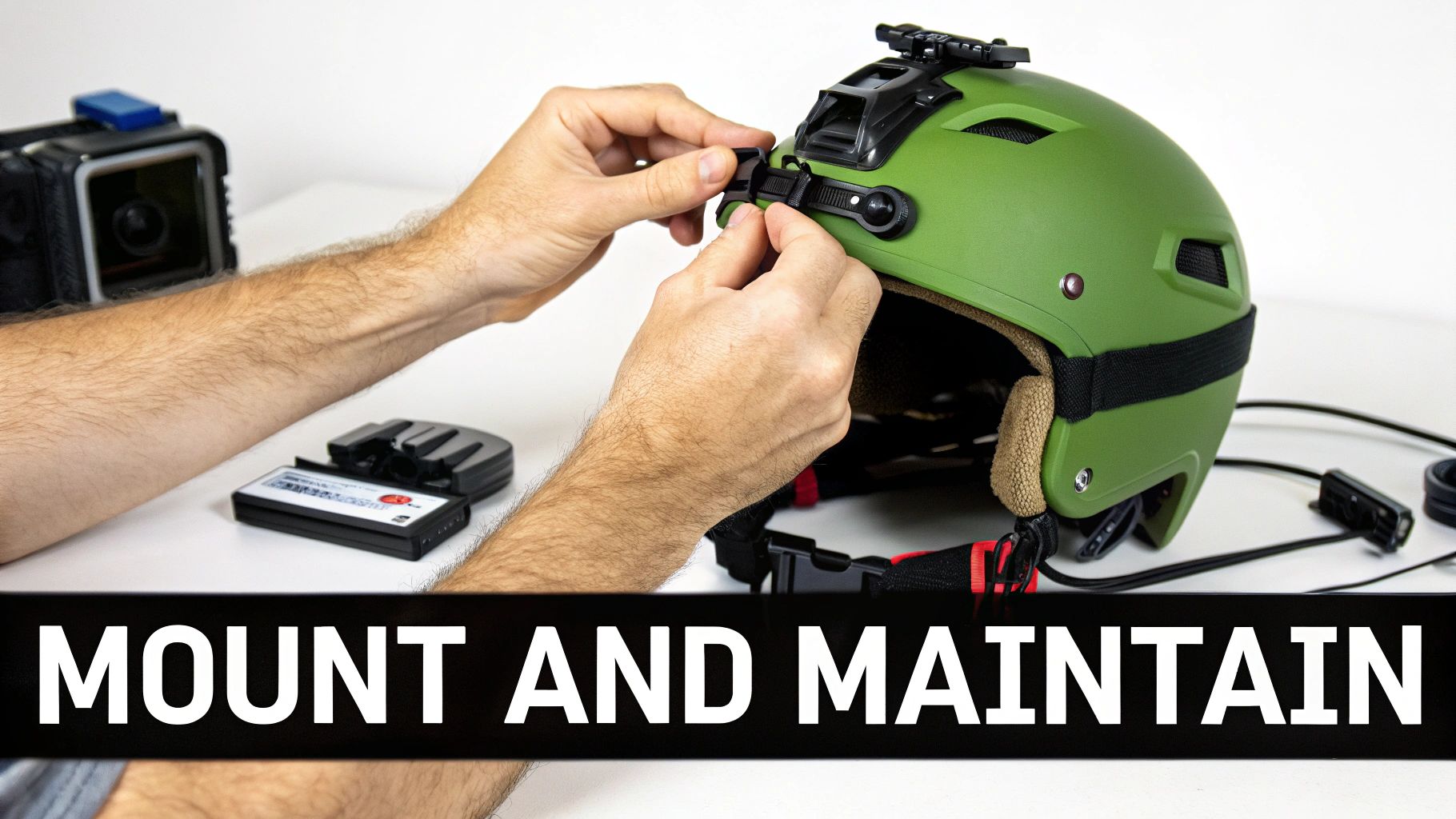Hands fasten a buckle on a green helmet, with camera equipment and charger nearby.