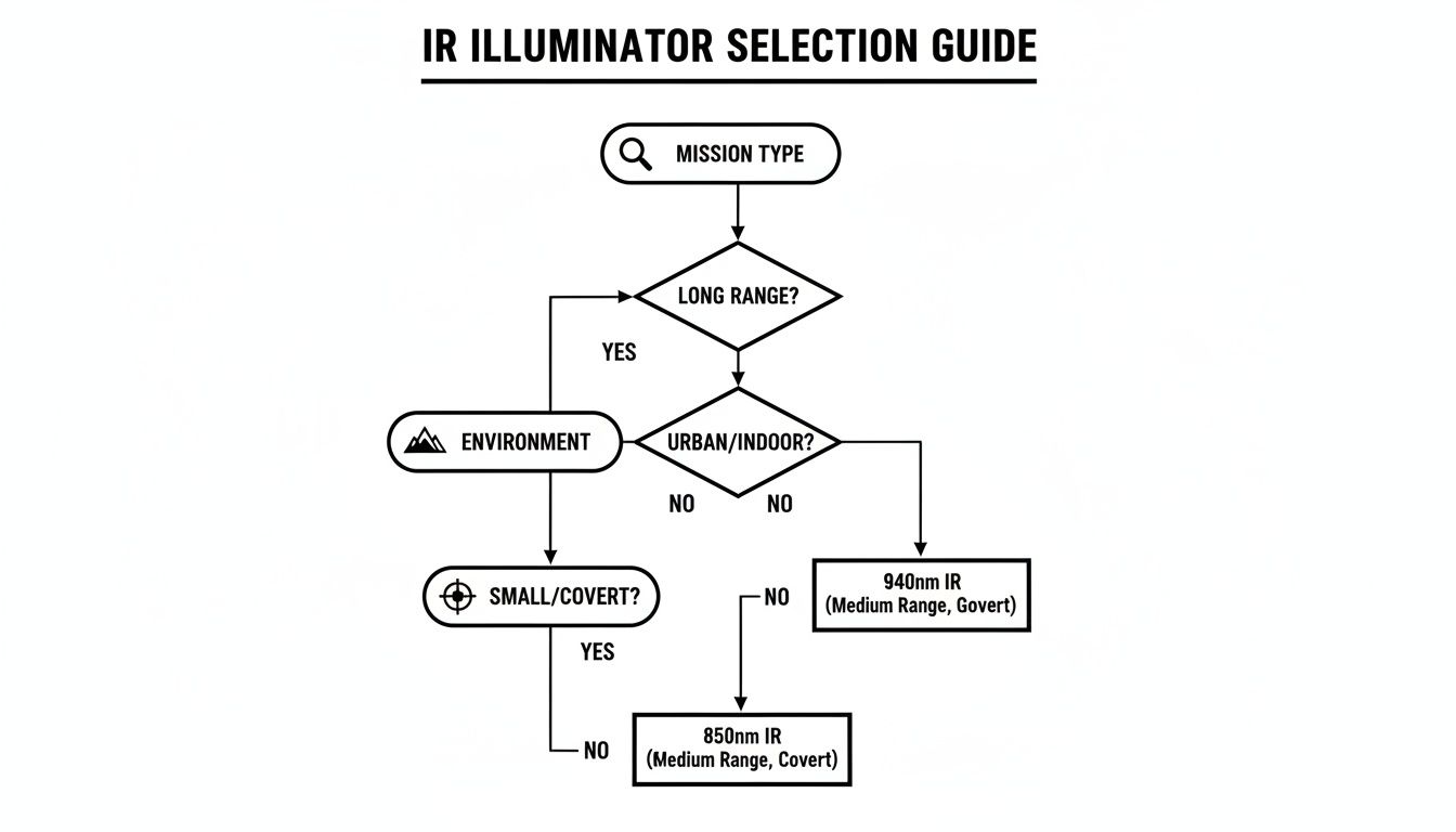 Flowchart for selecting IR illuminators based on mission type, range, environment, and covert requirements.