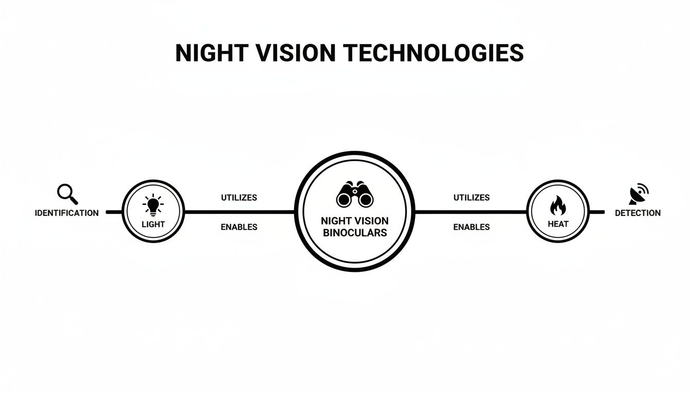 A flowchart illustrating night vision binoculars utilizing light for identification and heat for detection.