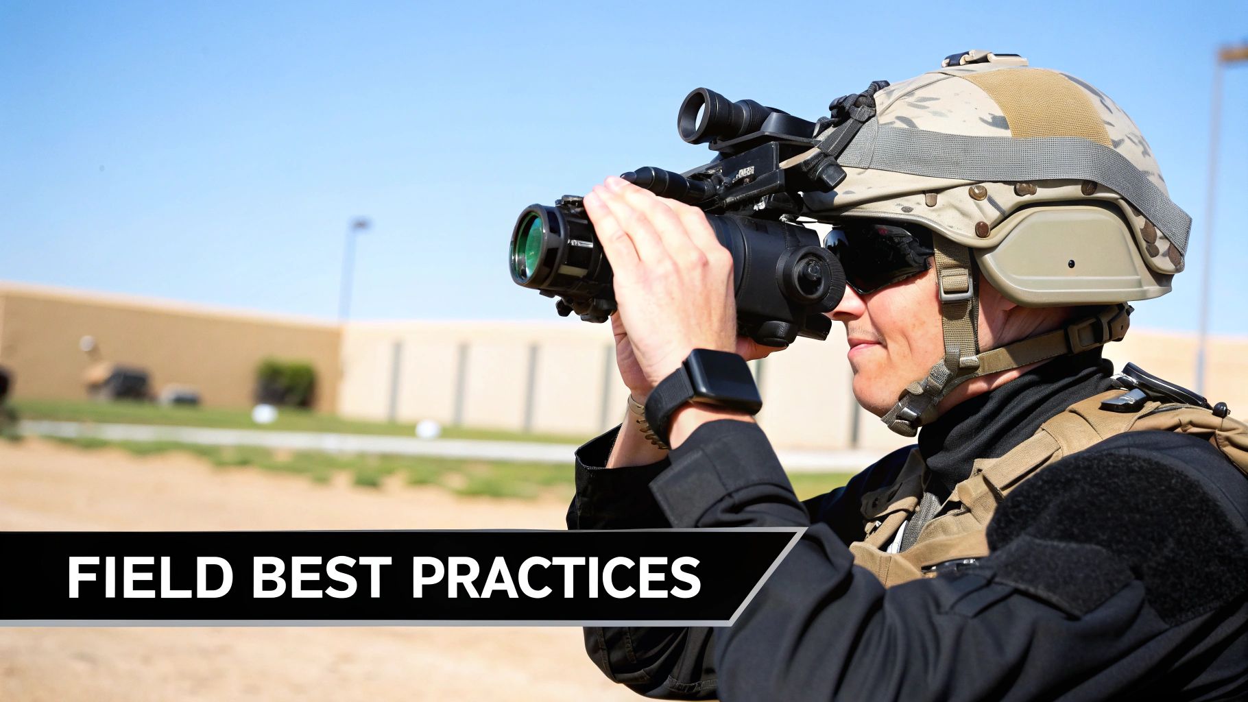 A person in military-style gear and helmet holds a night vision device, looking forward outdoors.