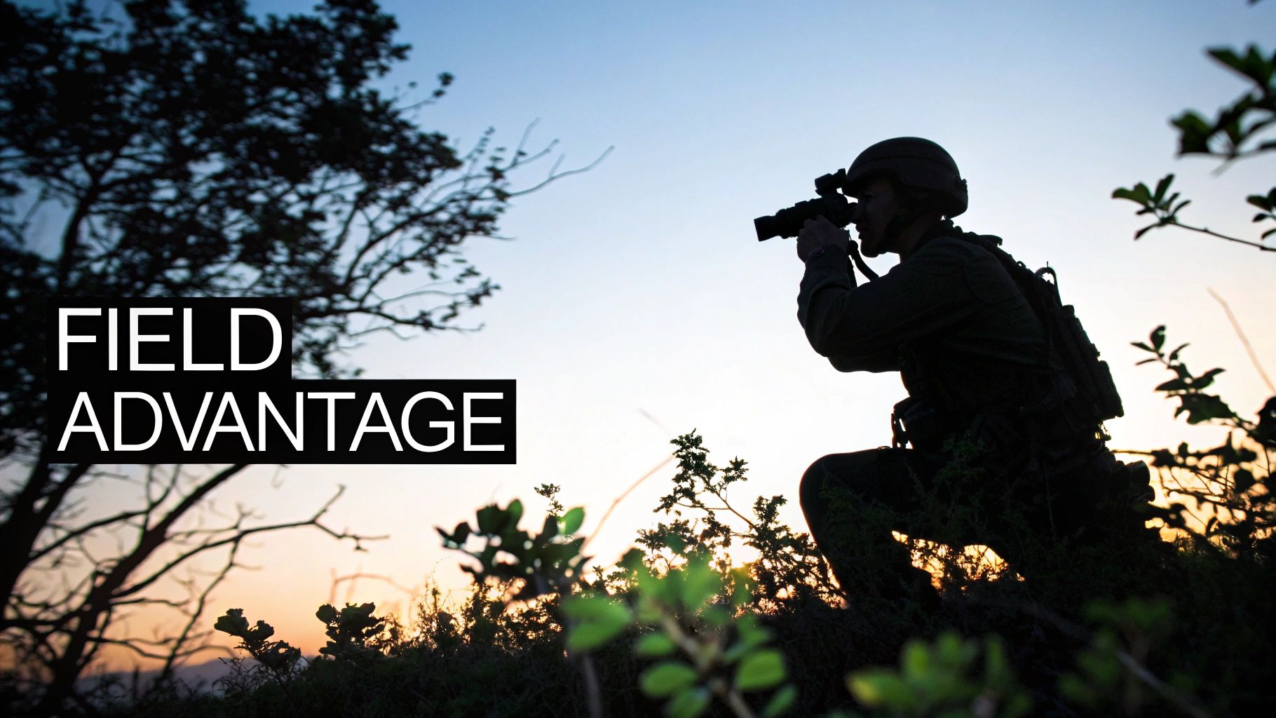 A soldier's silhouette uses binoculars against a vibrant sunset with 'FIELD ADVANTAGE' text.