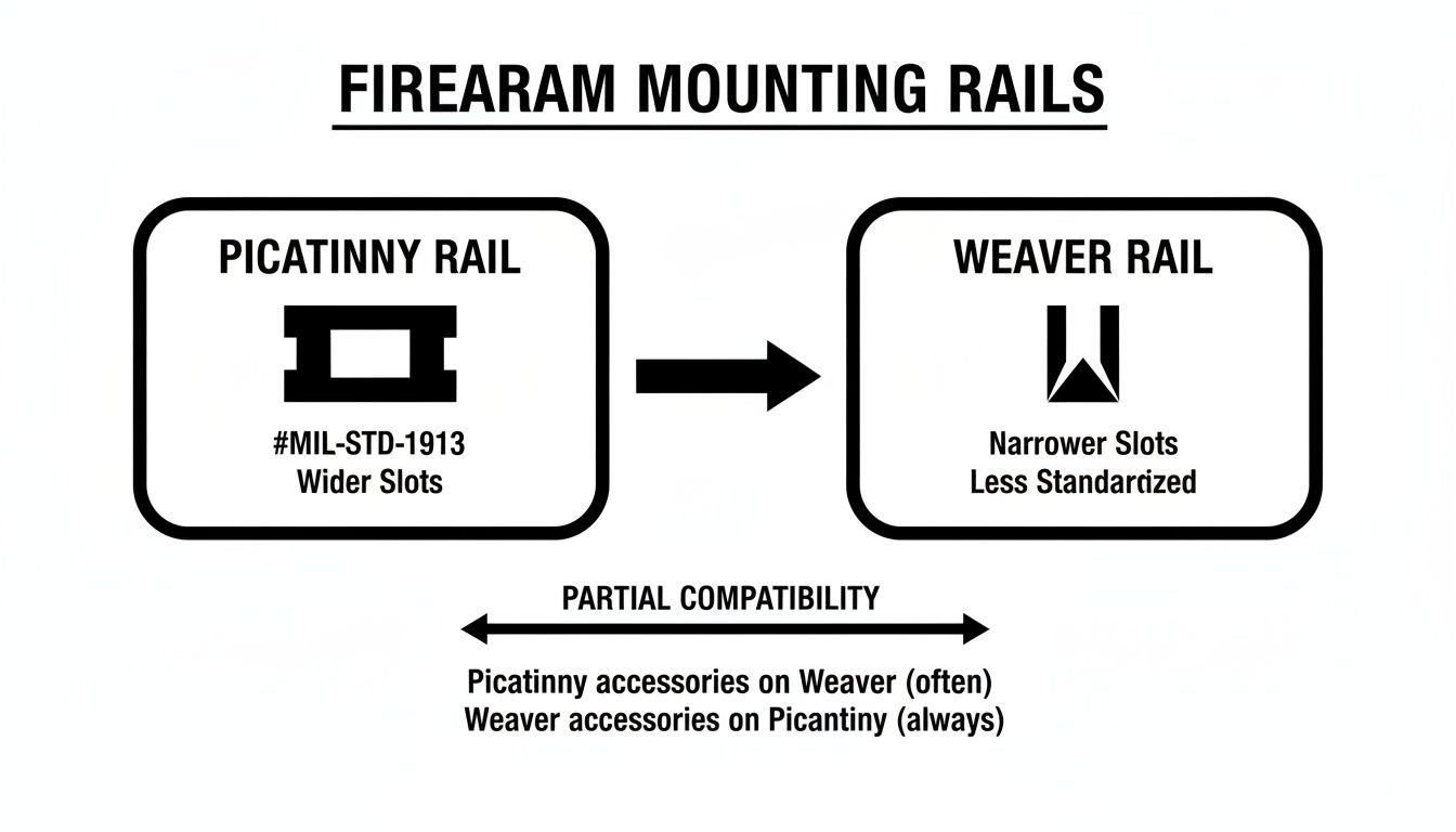 Comparison of Picatinny and Weaver firearm mounting rails, detailing slot differences and compatibility for accessories.