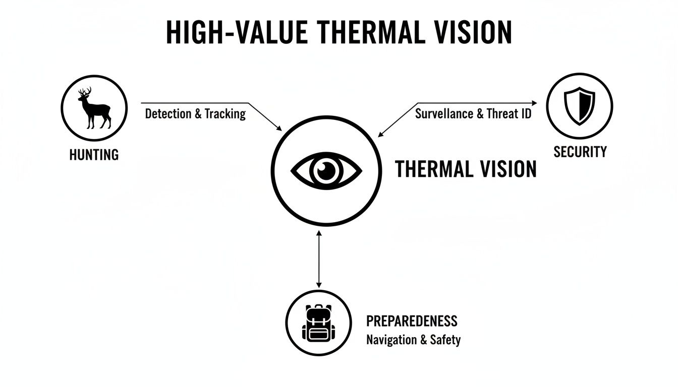 Diagram showing high-value thermal vision applications for hunting, security, and preparedness.
