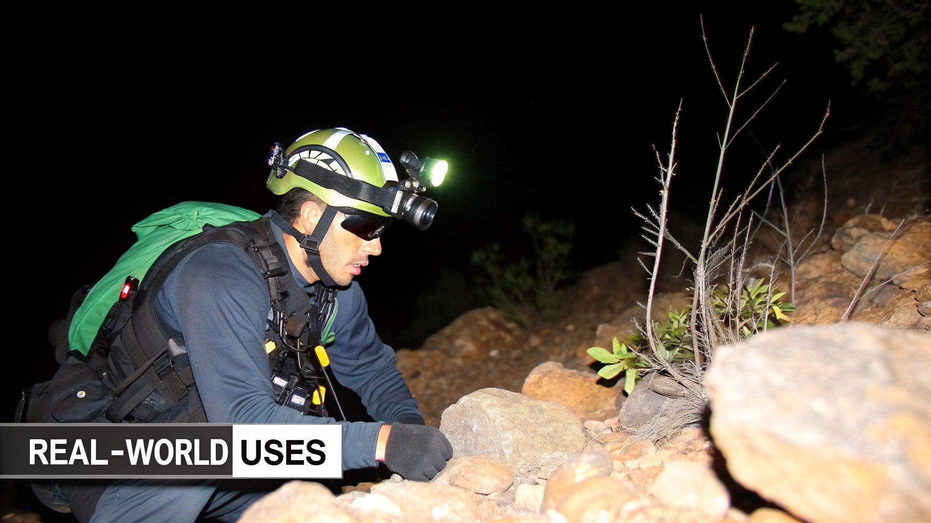 A person in tactical gear with a helmet and headlamp navigates rocky terrain at night.