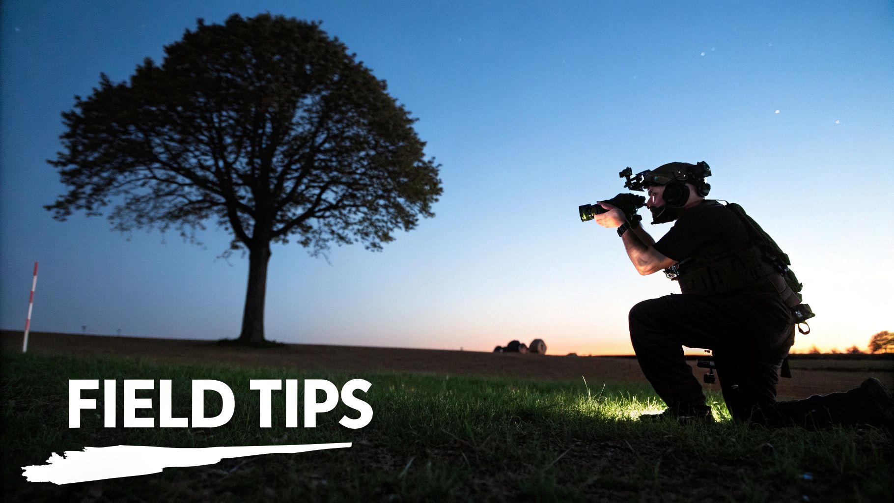 Photographer using night vision equipment photographing solitary tree at dusk in open field