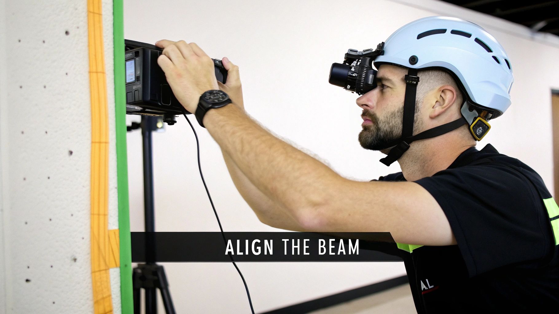 A man in a light blue helmet aligns an infrared illuminator system for precise beam adjustment.
