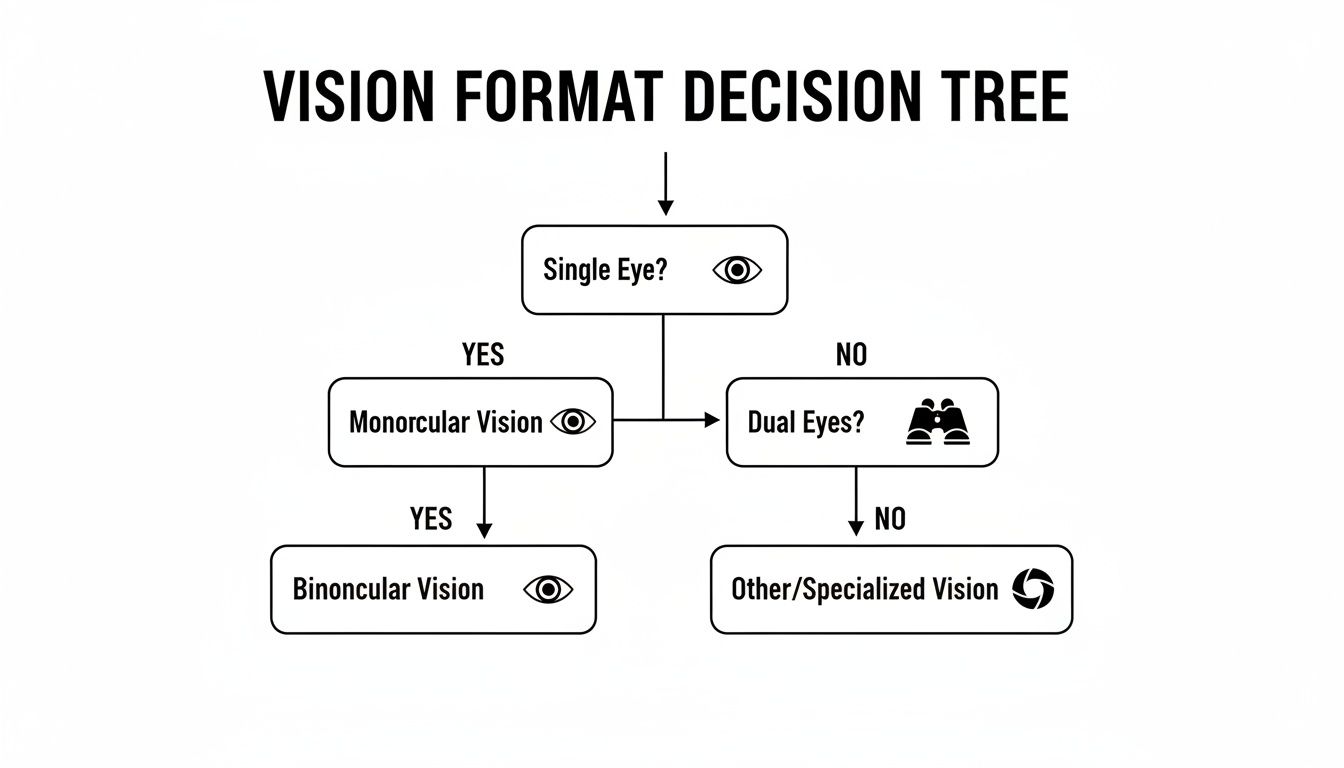 A decision tree flowchart illustrating different vision formats: monocular, binocular, and specialized.