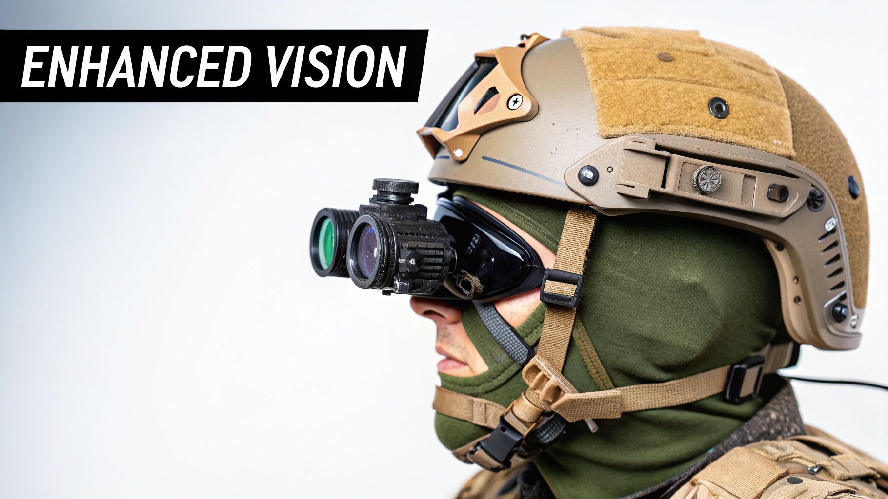 A soldier wearing a ballistic helmet with night vision goggles attached, looking out into a dark environment.