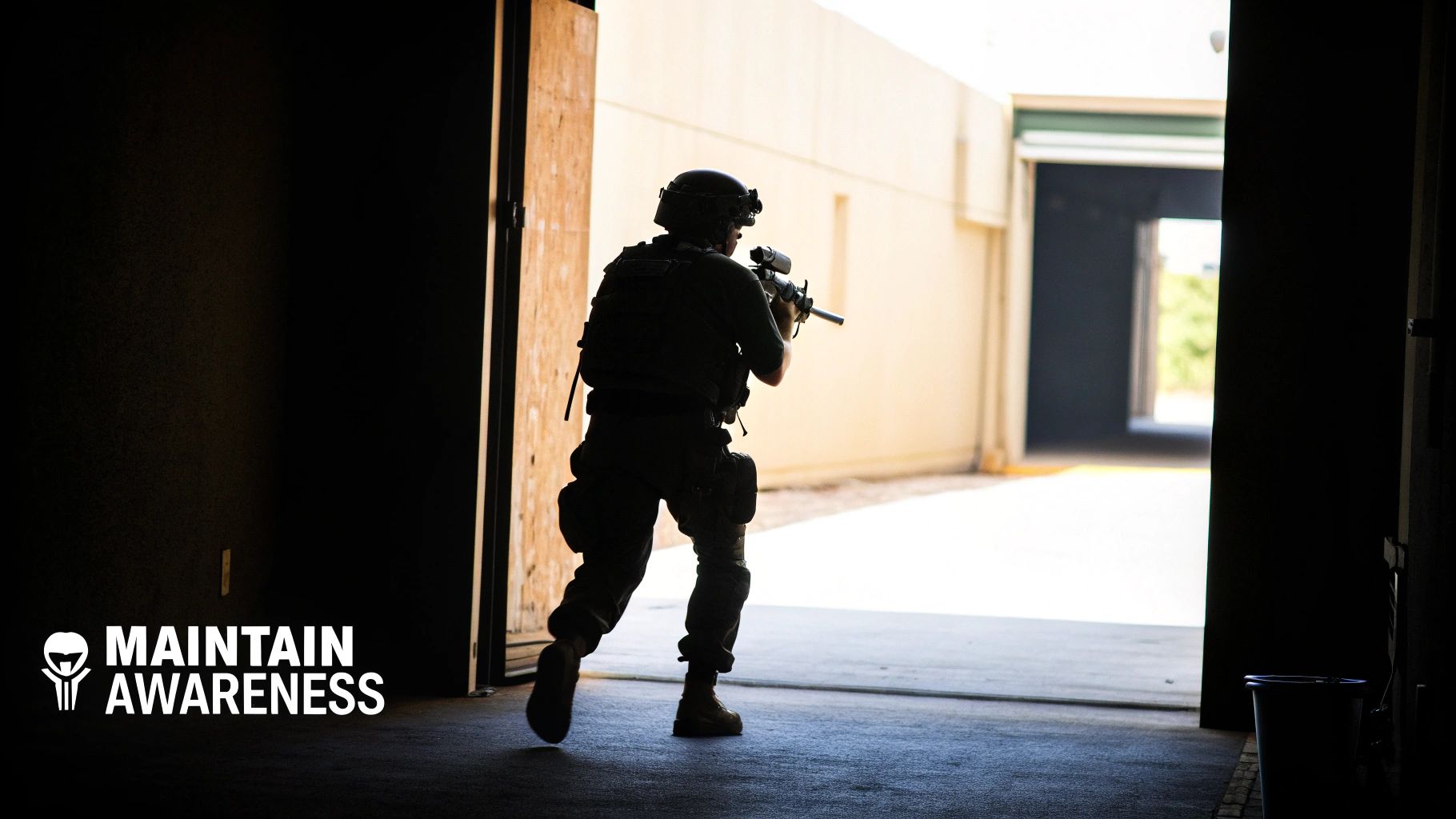 A silhouetted person in tactical gear with a rifle moves from a dark room into a bright area.