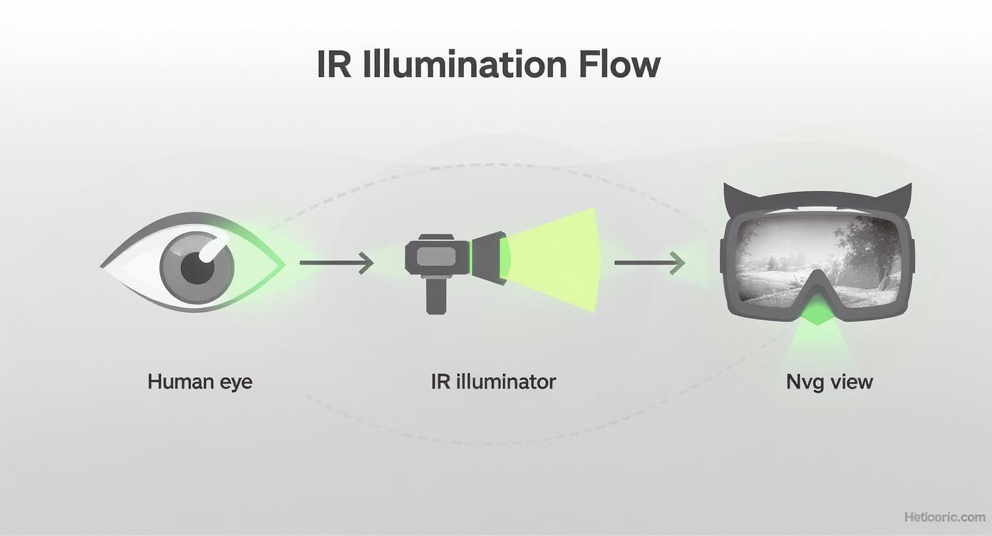 Diagram illustrating the infrared illumination flow, showing an IR illuminator enabling a night vision goggle view.