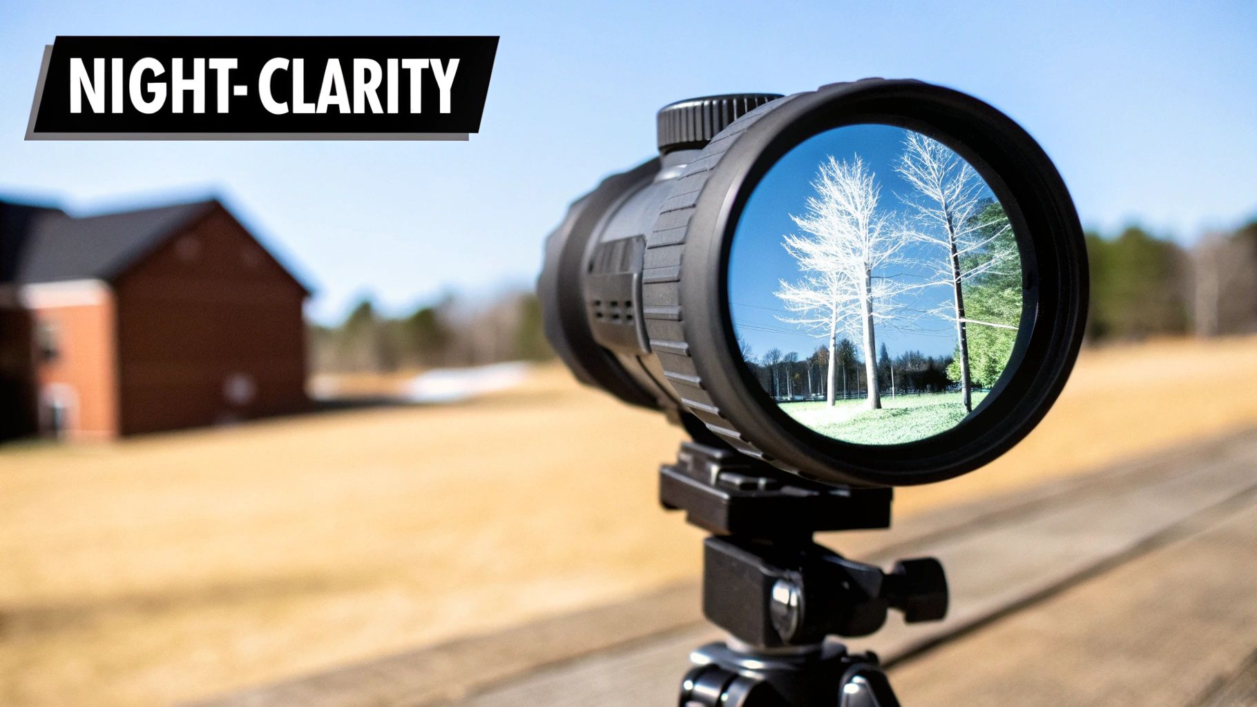 A black thermal scope on a tripod displays bare trees in its view, with 'NIGHT-CLARITY' text.