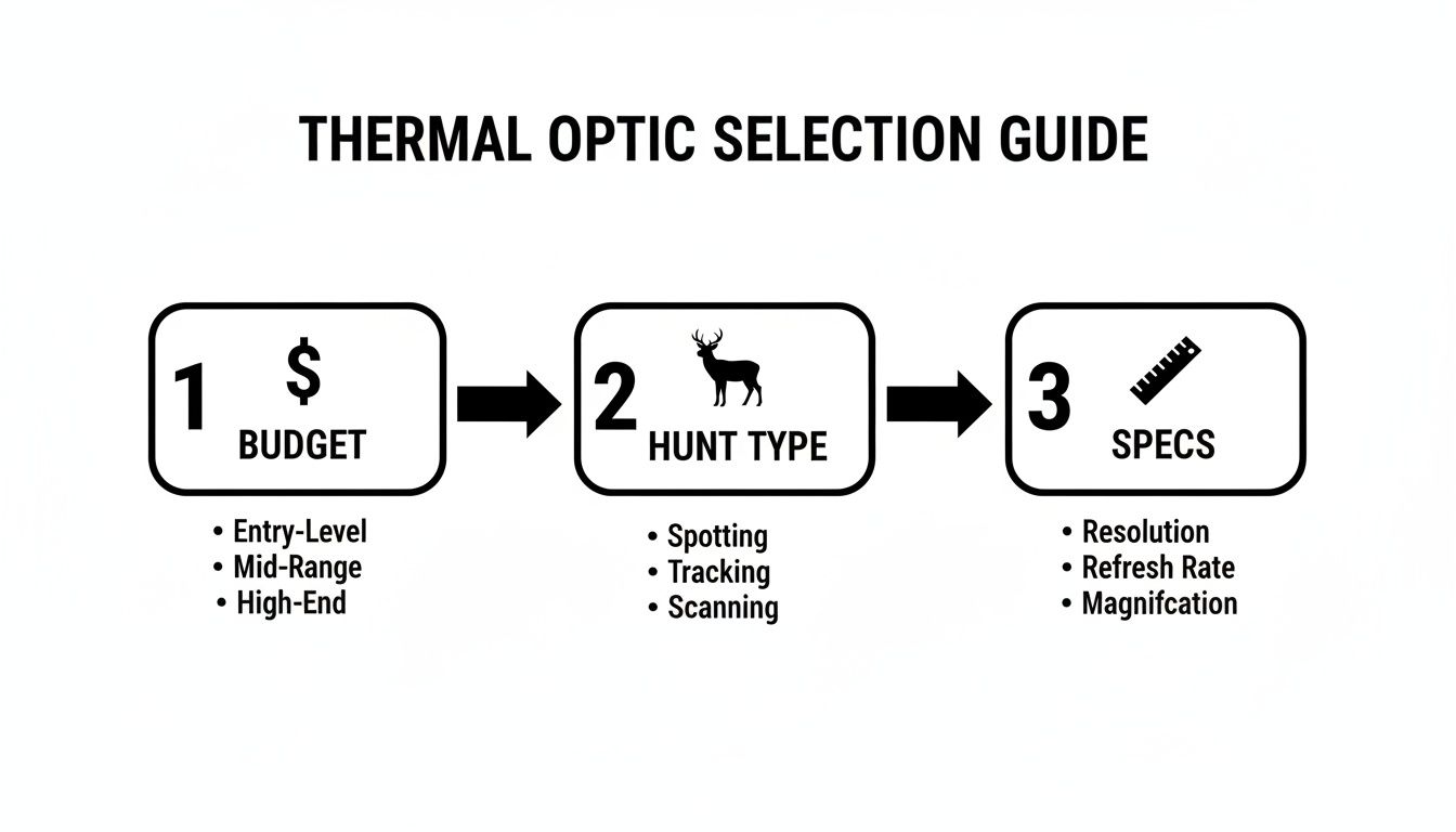 A thermal optic selection guide showing steps for budget, hunt type, and specifications.