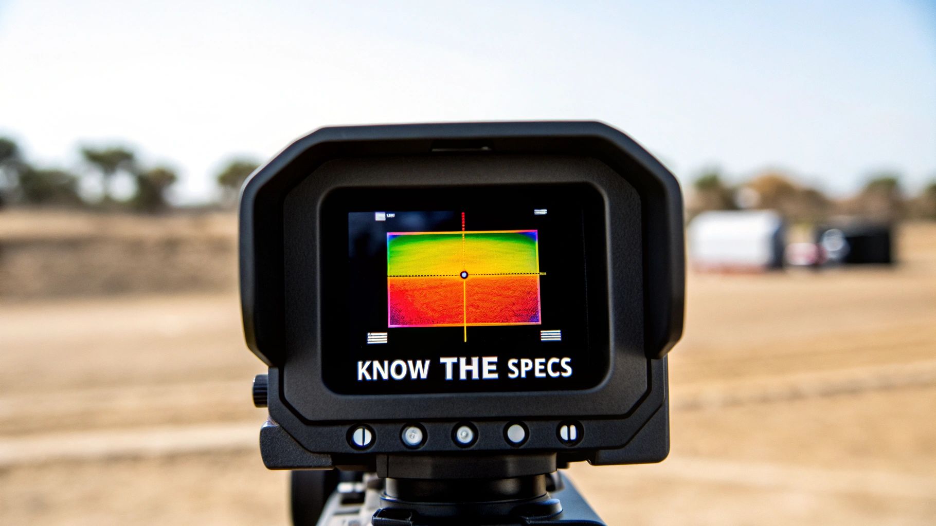 A thermal imaging monocular display showing a colorful heat map with crosshairs and "KNOW THE SPECS" text.