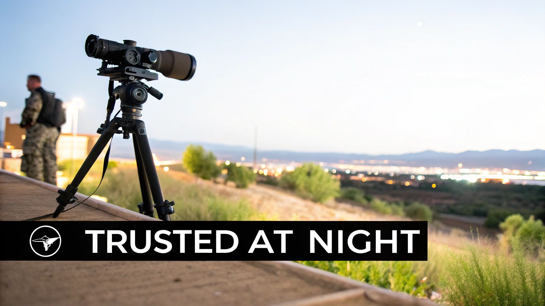 A tactical spotting scope on a tripod, a soldier in background, overlooking city lights at dusk with "TRUSTED AT NIGHT" text.