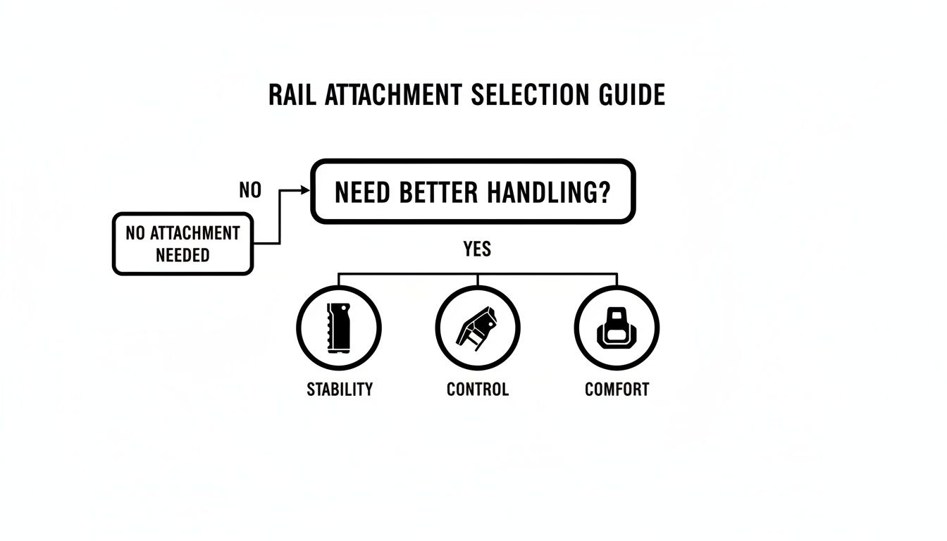 A flowchart guiding the selection of rail attachments based on handling needs, offering options for stability, control, or comfort.