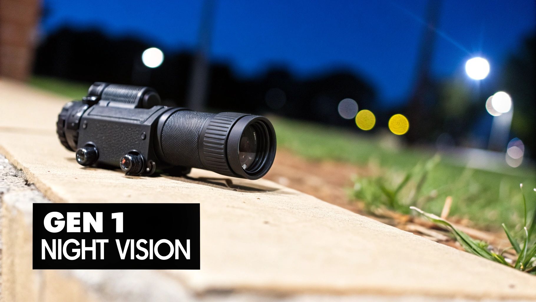 A black Gen 1 night vision monocular resting on a concrete ledge with blurred evening lights in the background.