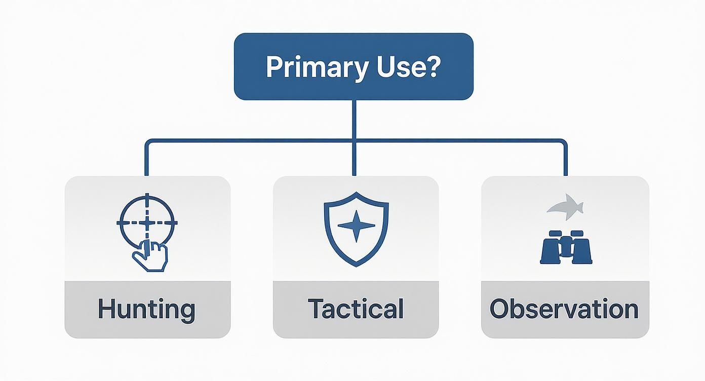 Flowchart displaying primary uses: hunting, tactical, and observation, each with a representative icon.