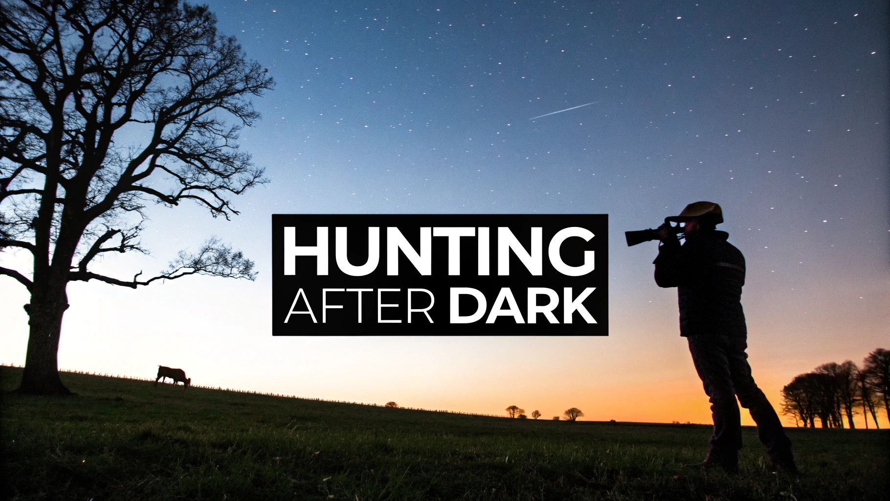 A person, silhouetted against a starry blue-orange dusk sky, uses a scope, with the title 'HUNTING AFTER DARK'.