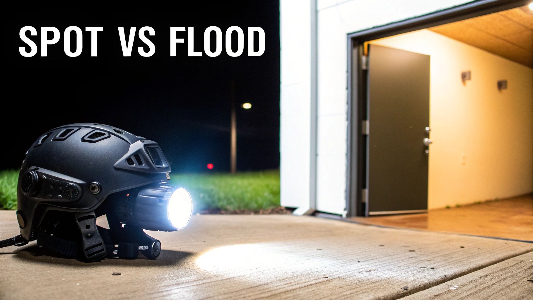 A black helmet with a bright tactical spotlight attached, illuminating a concrete surface at night.