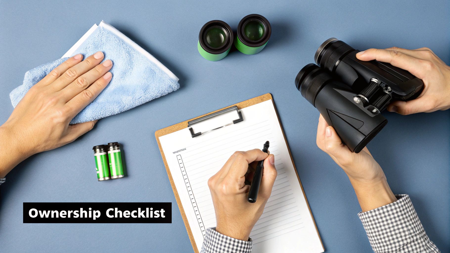 Overhead view of hands interacting with a checklist, binoculars, cleaning cloth, and batteries on a blue surface.