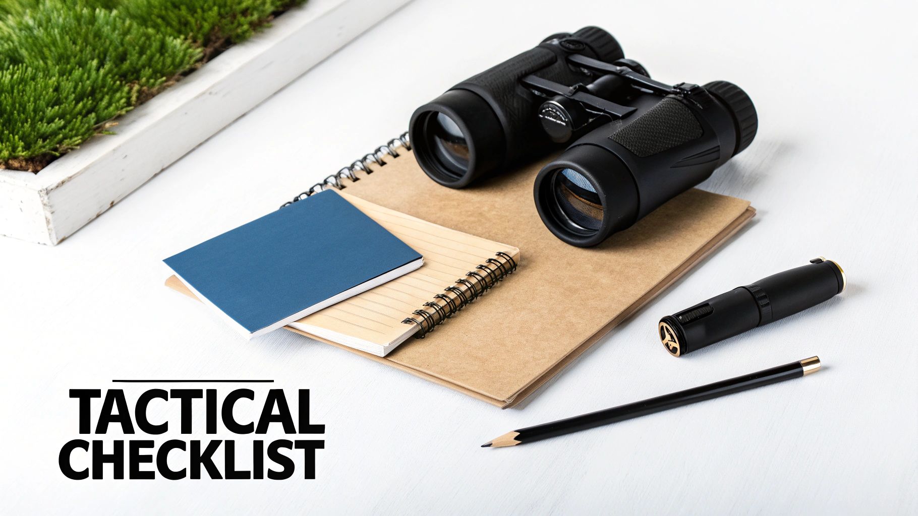 Flat lay of outdoor gear including binoculars, notebooks, tactical pen, and pencil for a checklist.