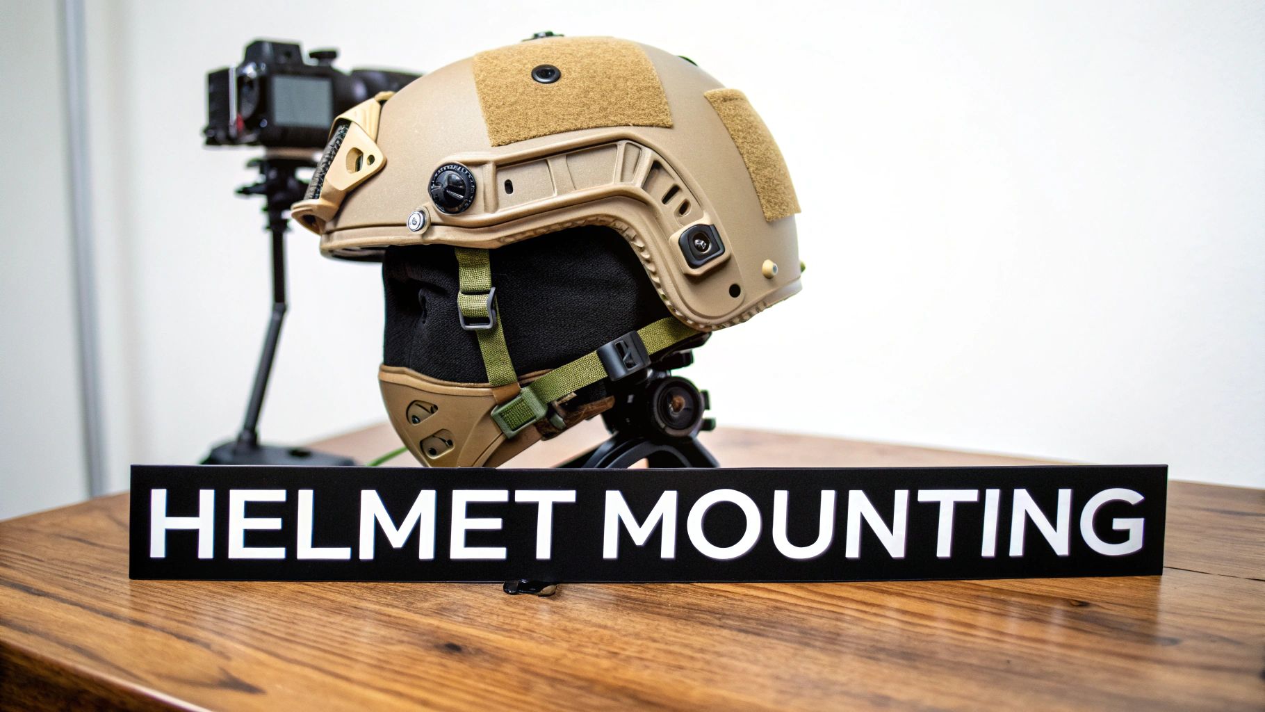 A tan tactical helmet displayed on a stand, with a 'HELMET MOUNTING' sign in the foreground.