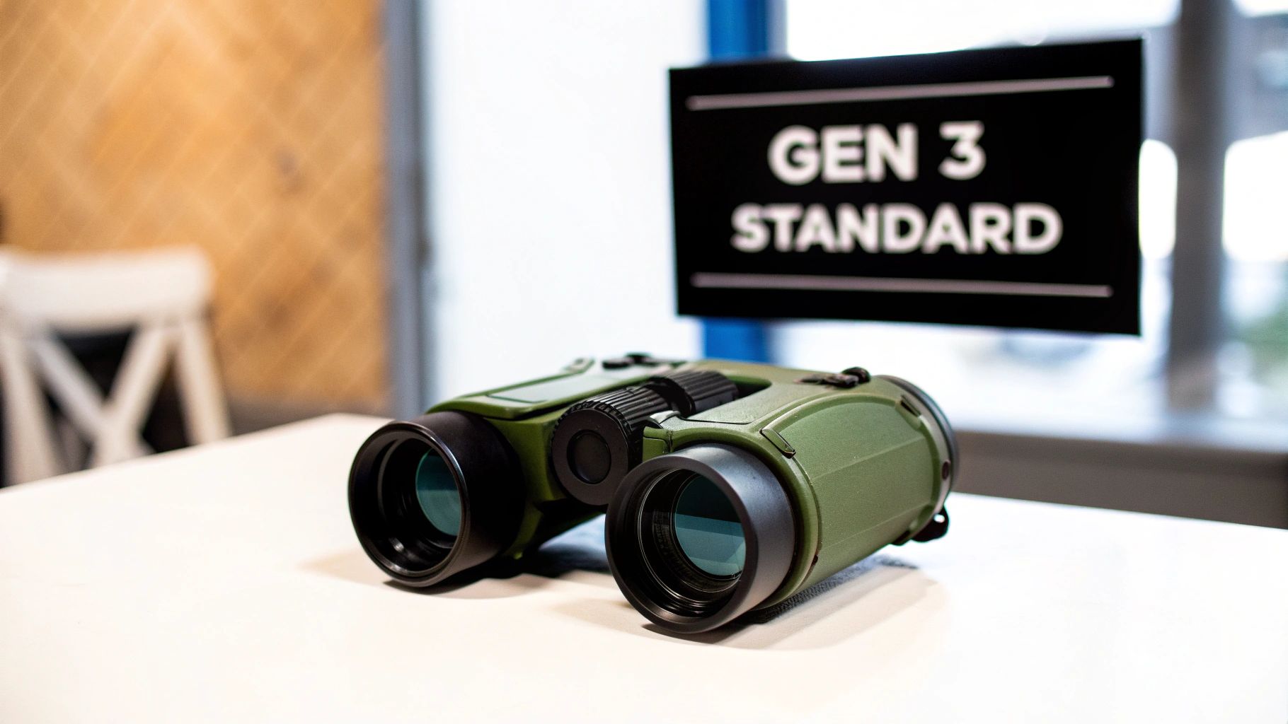 Green military night vision binoculars on a white table with a 'GEN 3 STANDARD' sign.