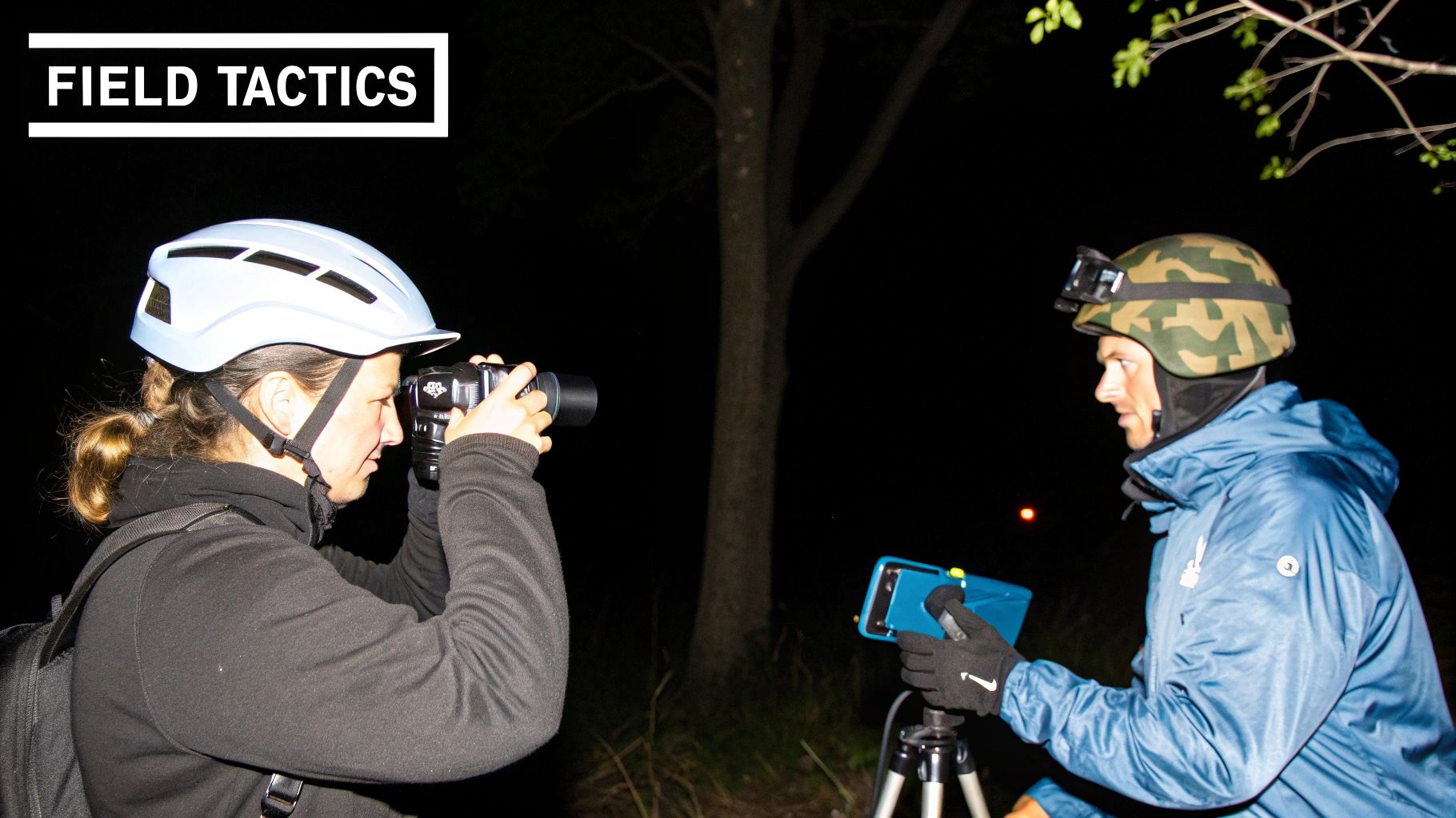 Two people wearing helmets and using night vision and thermal imaging devices during a dark outdoor field exercise.