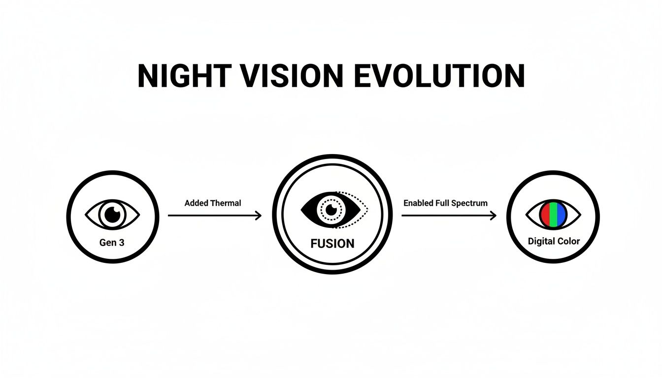 Diagram illustrates night vision evolution: Gen 3, adding thermal for Fusion, then enabled full spectrum for Digital Color.