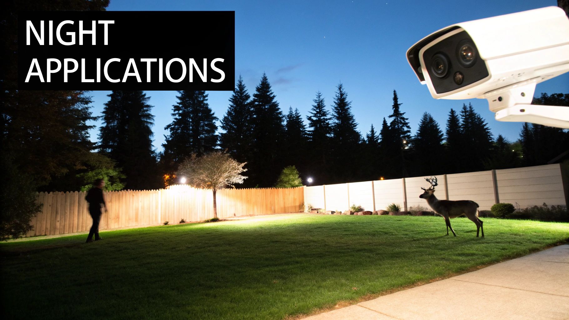 A night vision security camera monitors a lit backyard at night, capturing a person and a deer.
