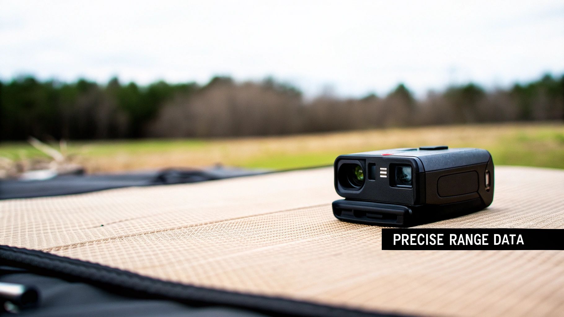 A black weapon-mounted laser rangefinder rests on a textured mat outdoors, providing precise range data.