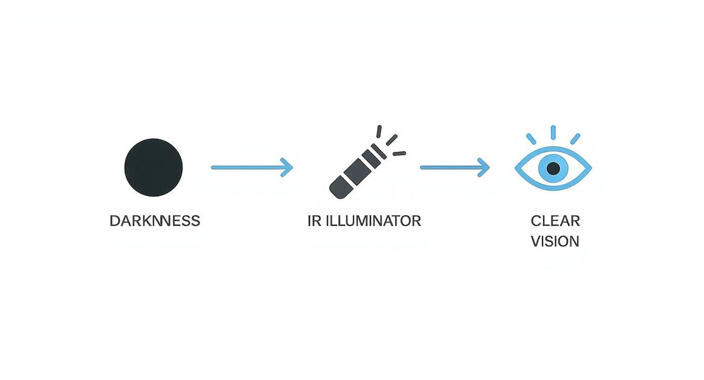 Diagram showing how infrared illuminator enables clear night vision in complete darkness