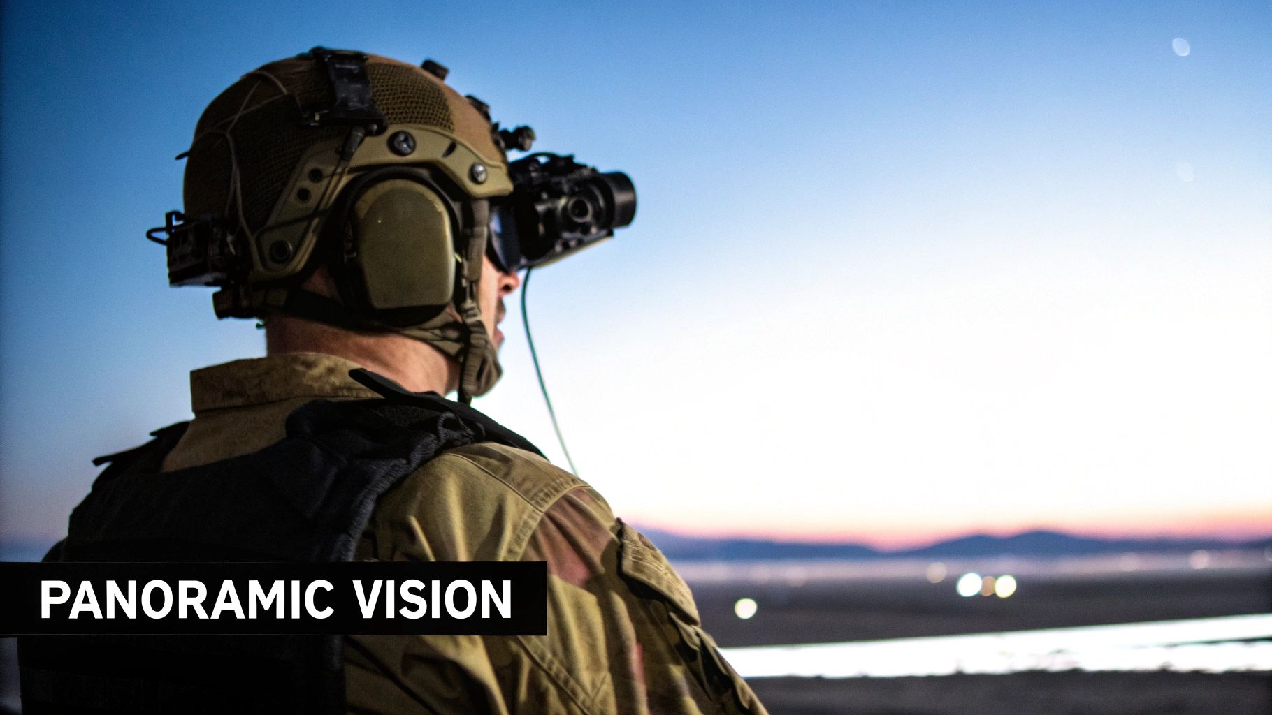 A person in tactical gear with night vision goggles on a helmet, overlooking a panoramic landscape at dusk.