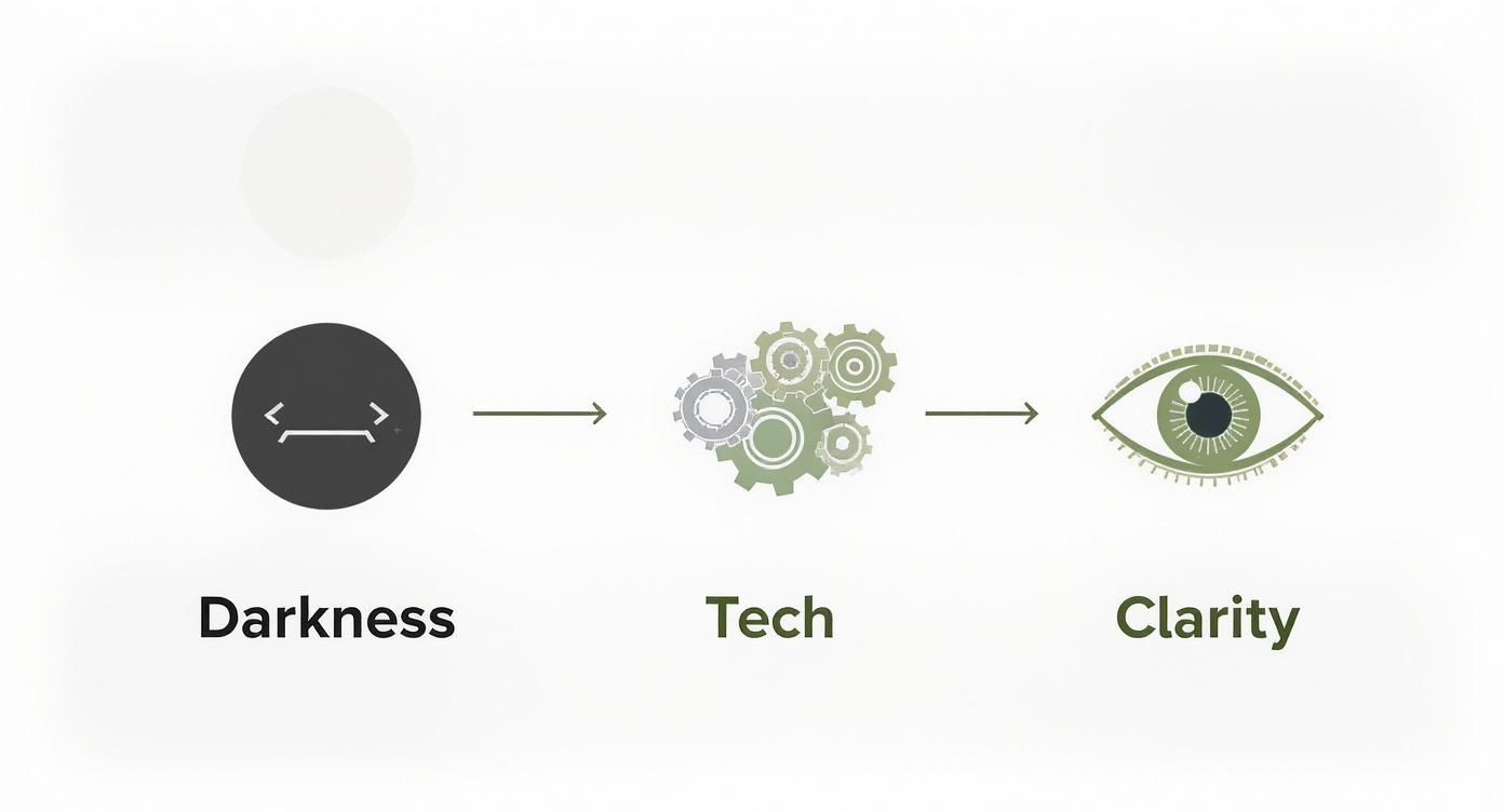 Visual diagram illustrating the transformation from darkness and code, via technology gears, to clarity with an open eye.