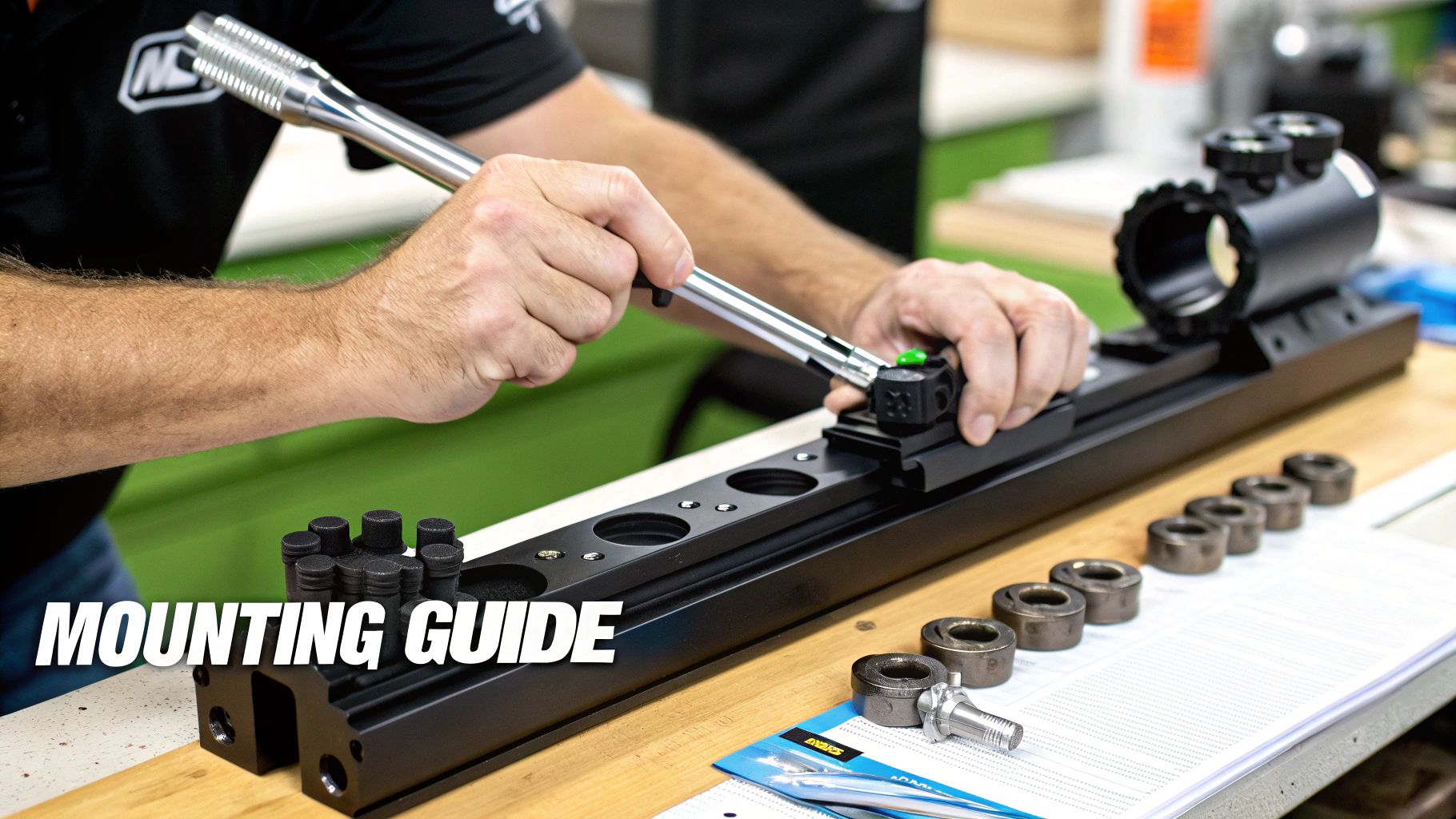 Person's hands using a torque wrench to precisely mount a black scope on a Picatinny rail.