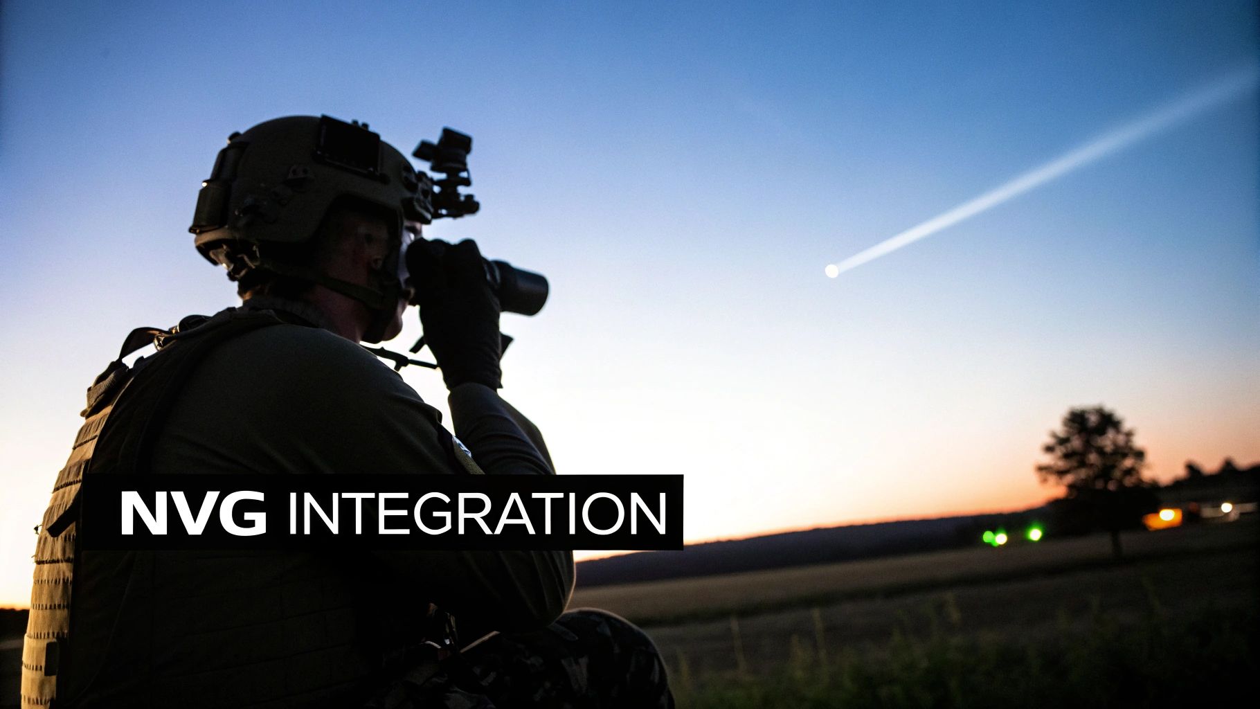 A soldier in tactical gear with an NVG helmet looks through binoculars at a distant light.