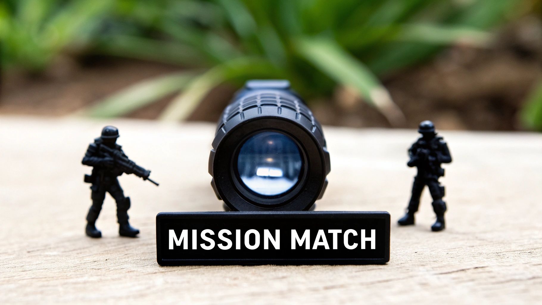 Two black toy soldiers stand near a monocular lens and a 'MISSION MATCH' sign.