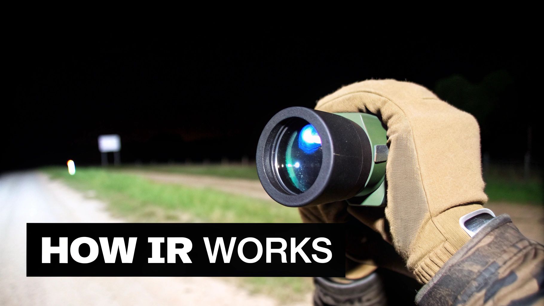 An IR illuminator mounted on a rifle, casting an invisible beam for the night vision scope.