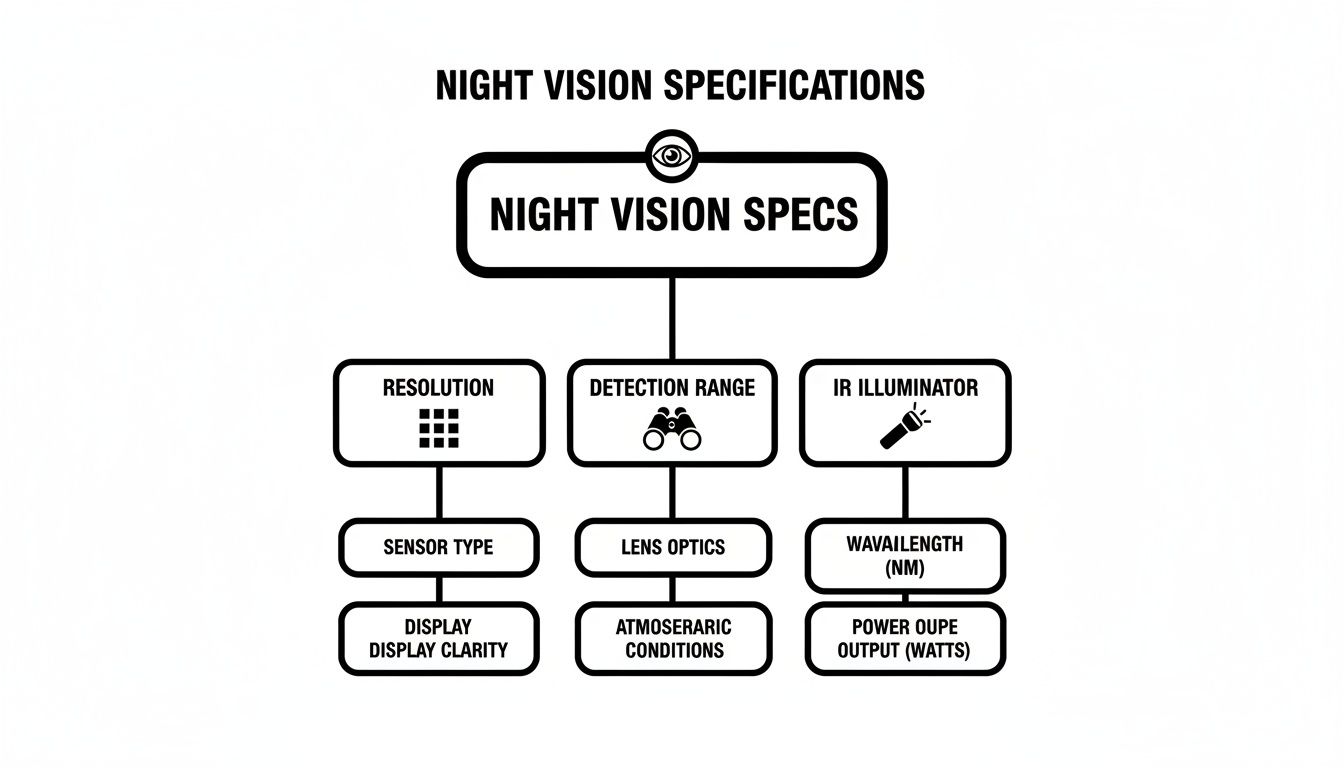 A detailed diagram outlining night vision specifications like resolution, detection range, and IR illuminator features.