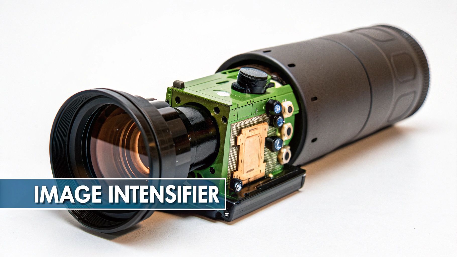 Close-up of an image intensifier revealing its optical lens, green circuit board, and internal components.