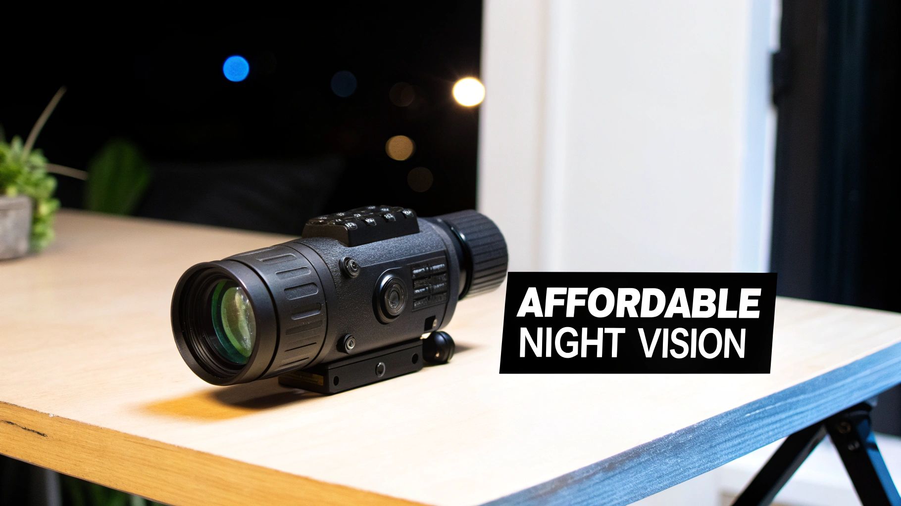 Black night vision monocular on a light wooden table with a blurred night background and 'AFFORDABLE NIGHT VISION' text.