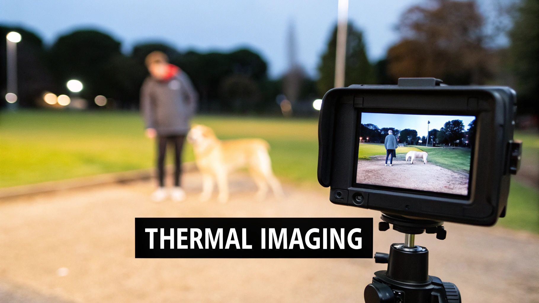 A thermal imaging camera on a tripod displaying a clearer view of a person and a dog in a park at night.